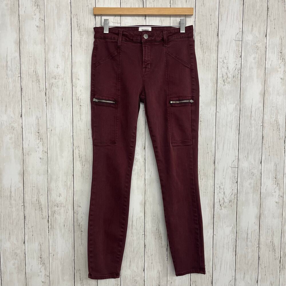 Pistola Hannah Skinny Cargo Jeans Womens 27 Maroon Burgundy Mid Rise Utility